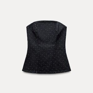 ZARA Denim Studded Corset Top‎ Strapless Black Stud Embellished Zipper Front XXL